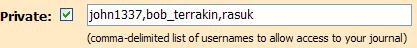 'Private' checkbox and user access list